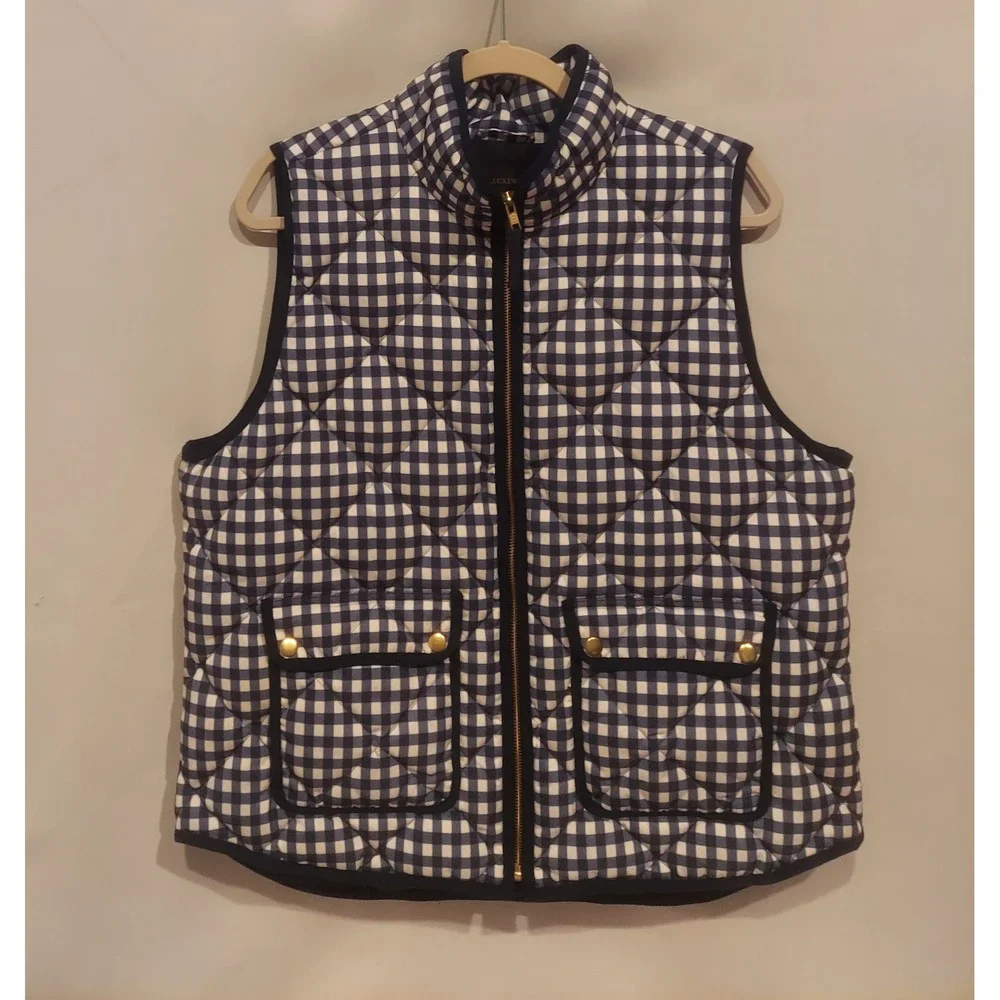 J Crew Womens Navy & White Gingham Quilted Down Full Zip Puffer Vest Size XL